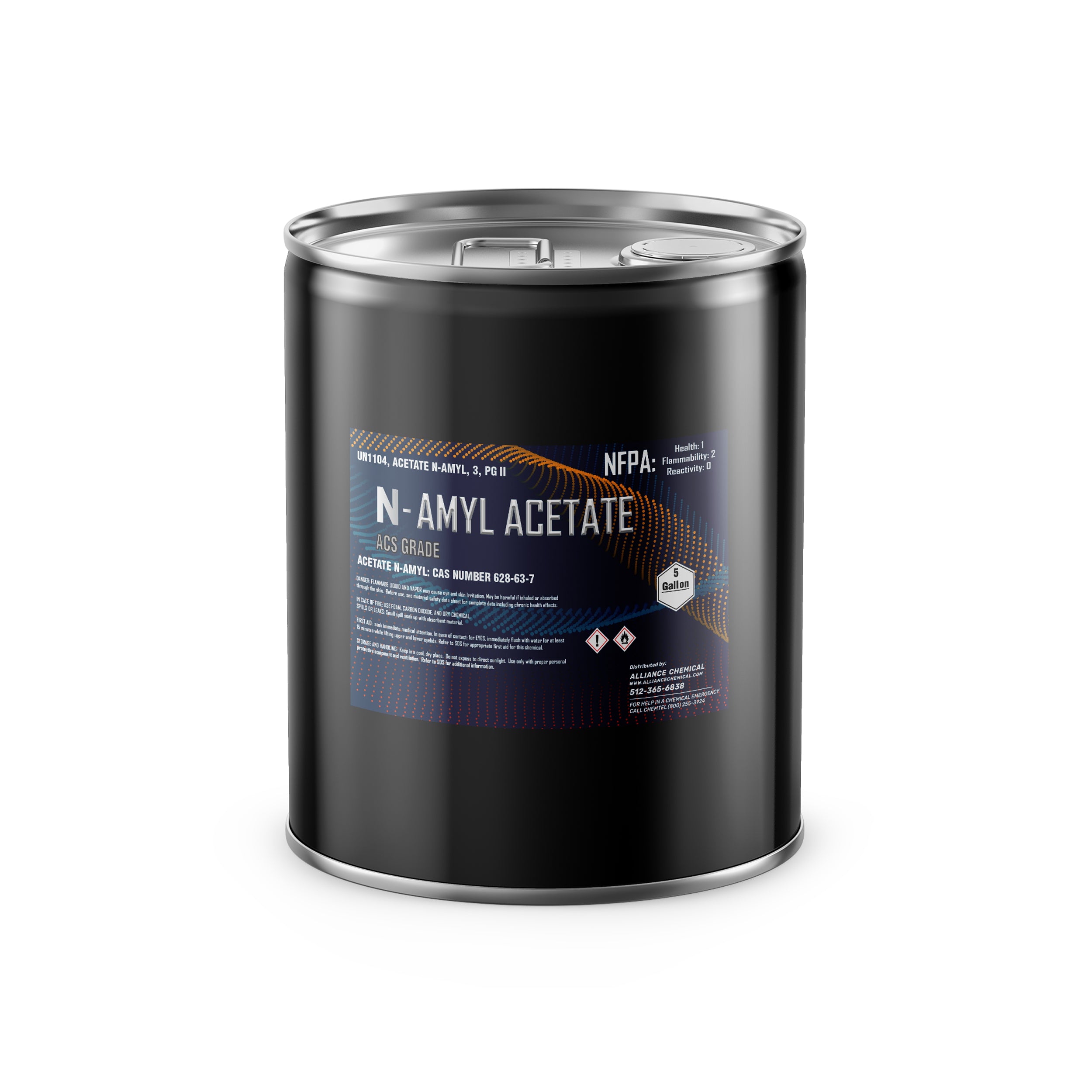 5-gallon black steel drum of N-Amyl Acetate ACS Grade (CAS 628-63-7) with NFPA diamond showing flammability-2, includes product label and hazard symbols.